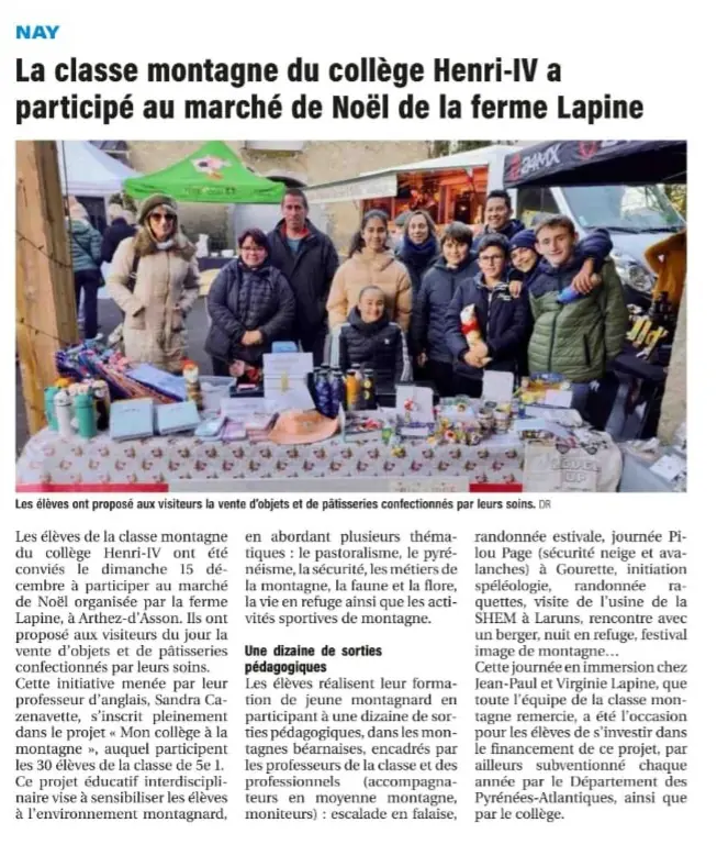 Article : La classe montagne du collège Henri-IV a participé au marché de Noël de la ferme Lapine.